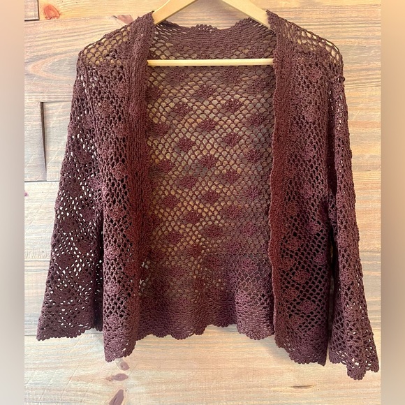 CHOCOLATE OPEN KNIT LAYERING CROCHET FALL SHRUG SWEATER COTTAGE CORE - Picture 1 of 6